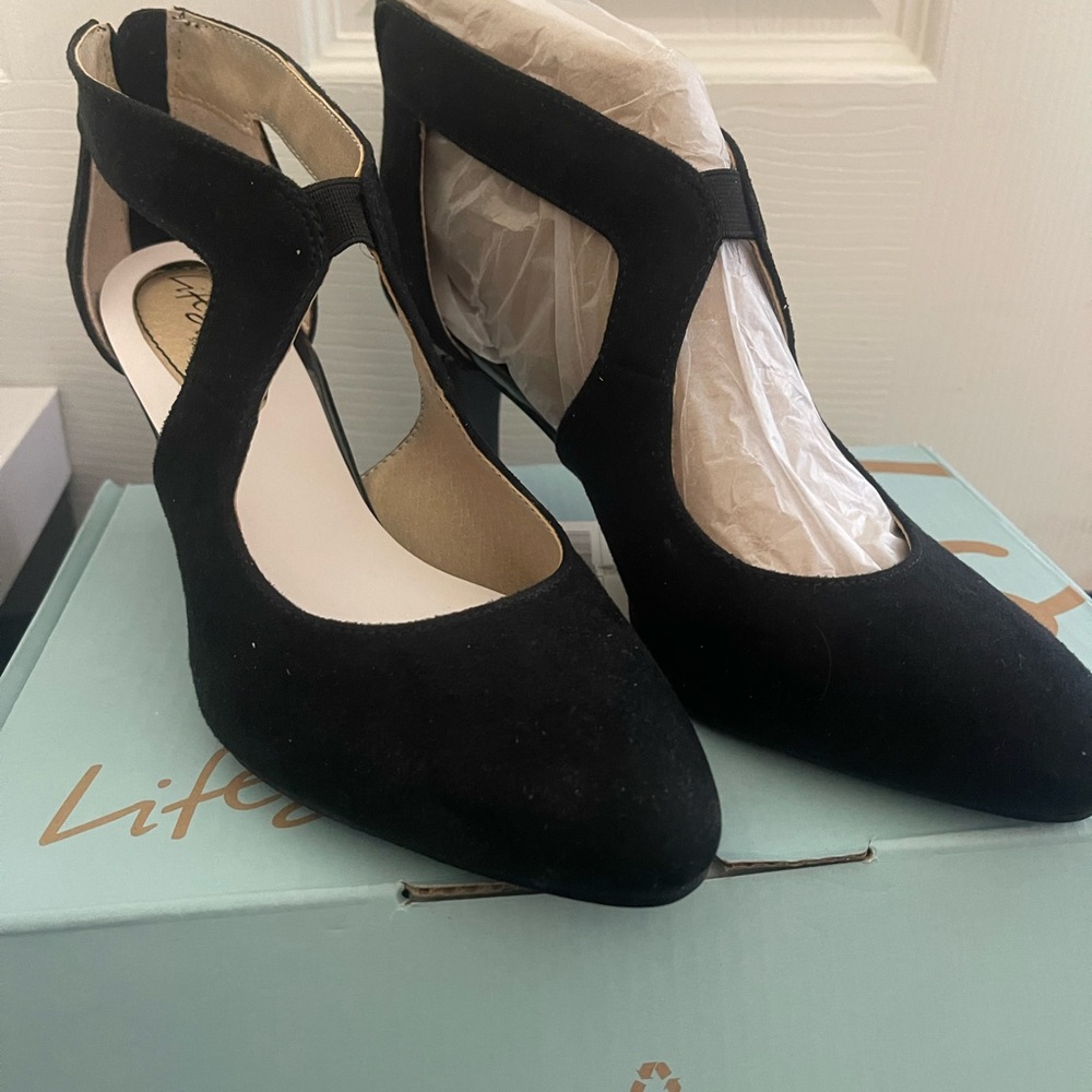 Black T-Strap Heels with Cut-Out Design